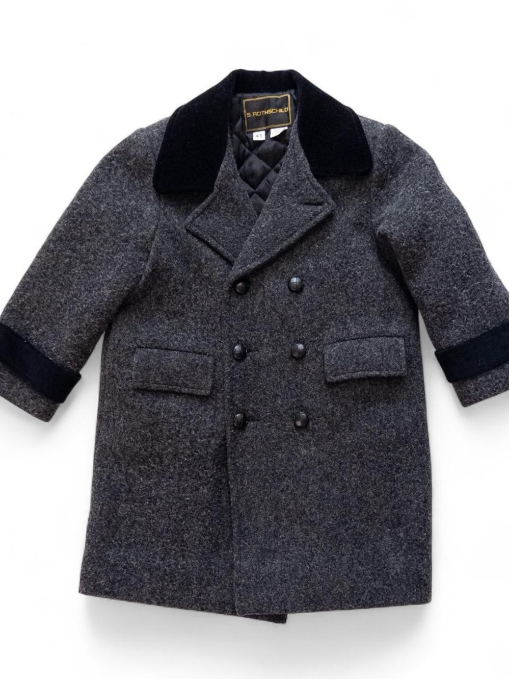 Vintage S. Rothschild Kids Wool Peacoat | Grey Tweed w/ Velvet Trim | Size 4T